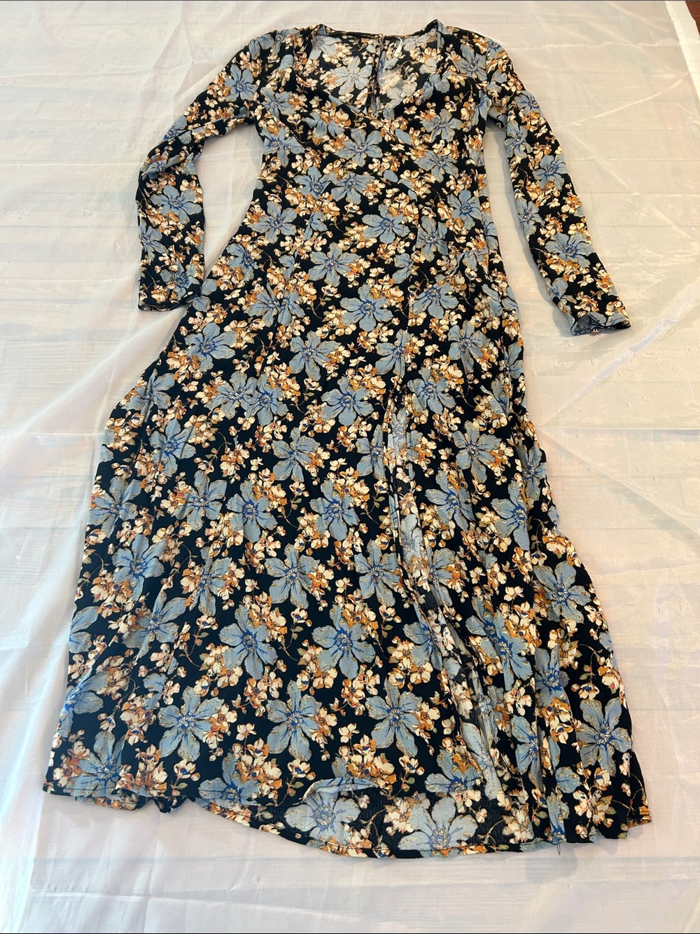 Free People Black Floral Long Sleeve Wrap Maxi Dress with Blue & Tan Flowers